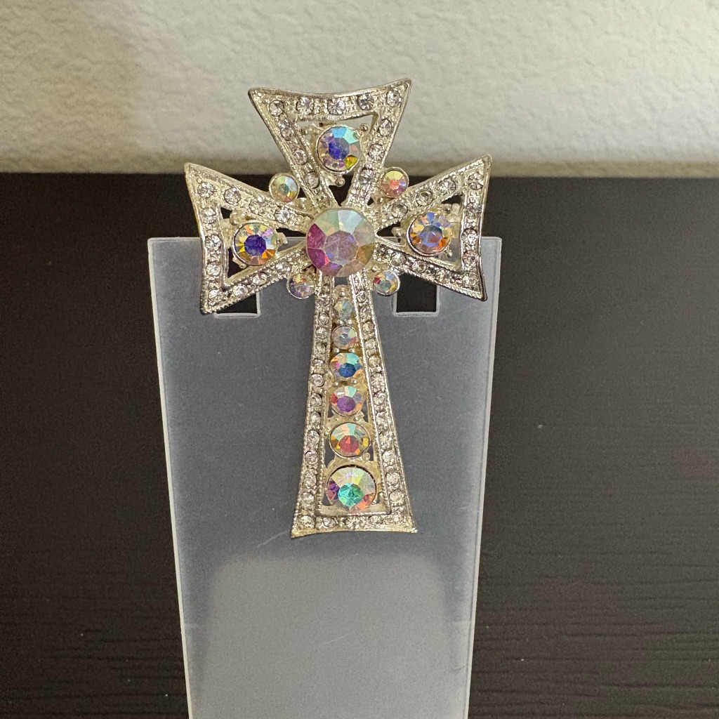 Silver Toned Rhinestones Cross Brooch Unbranded Preowned